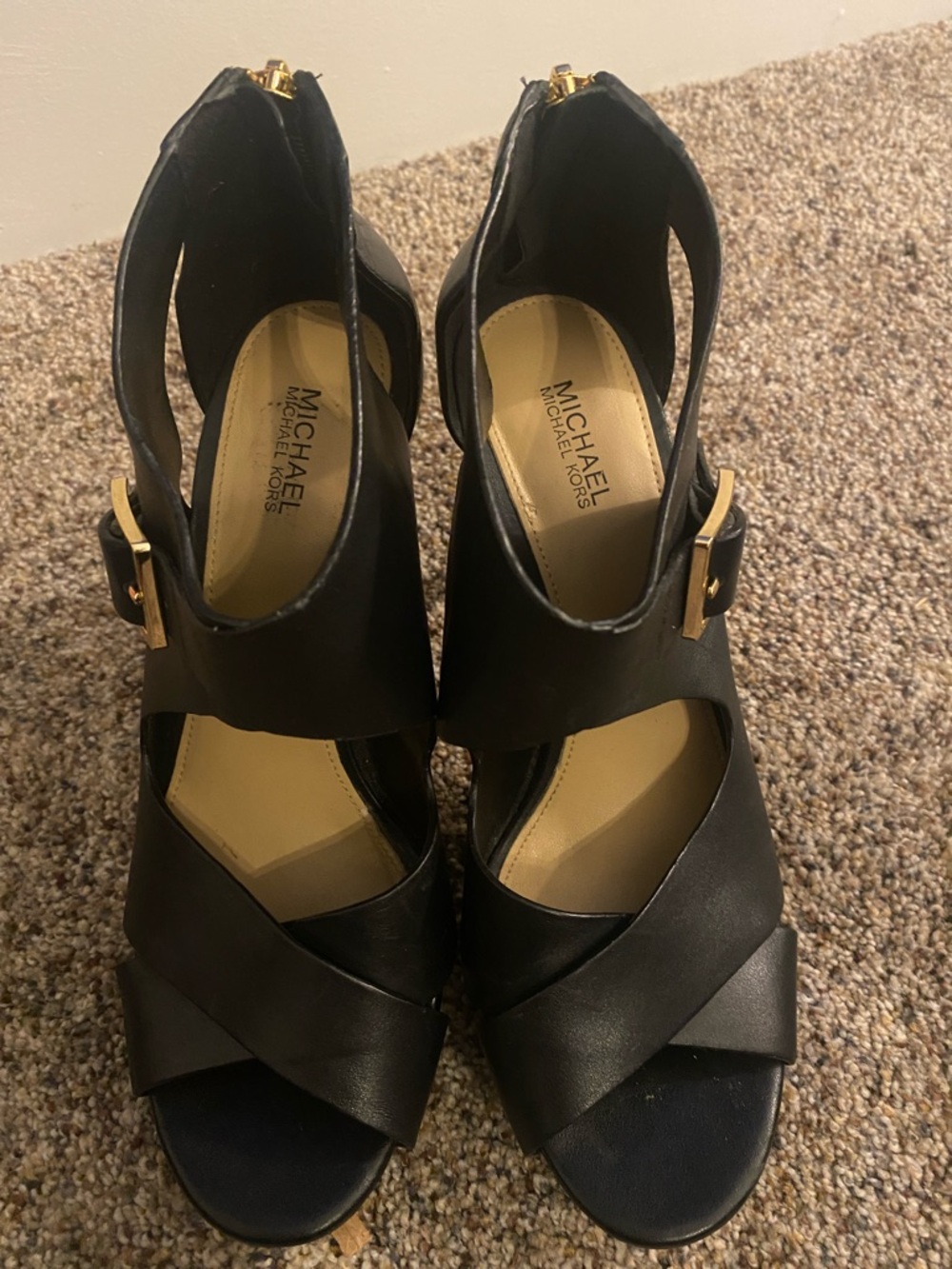 Michael Kors Black Leather Cutout High Heel Sandals with Gold Buckle - Picture 2 of 5